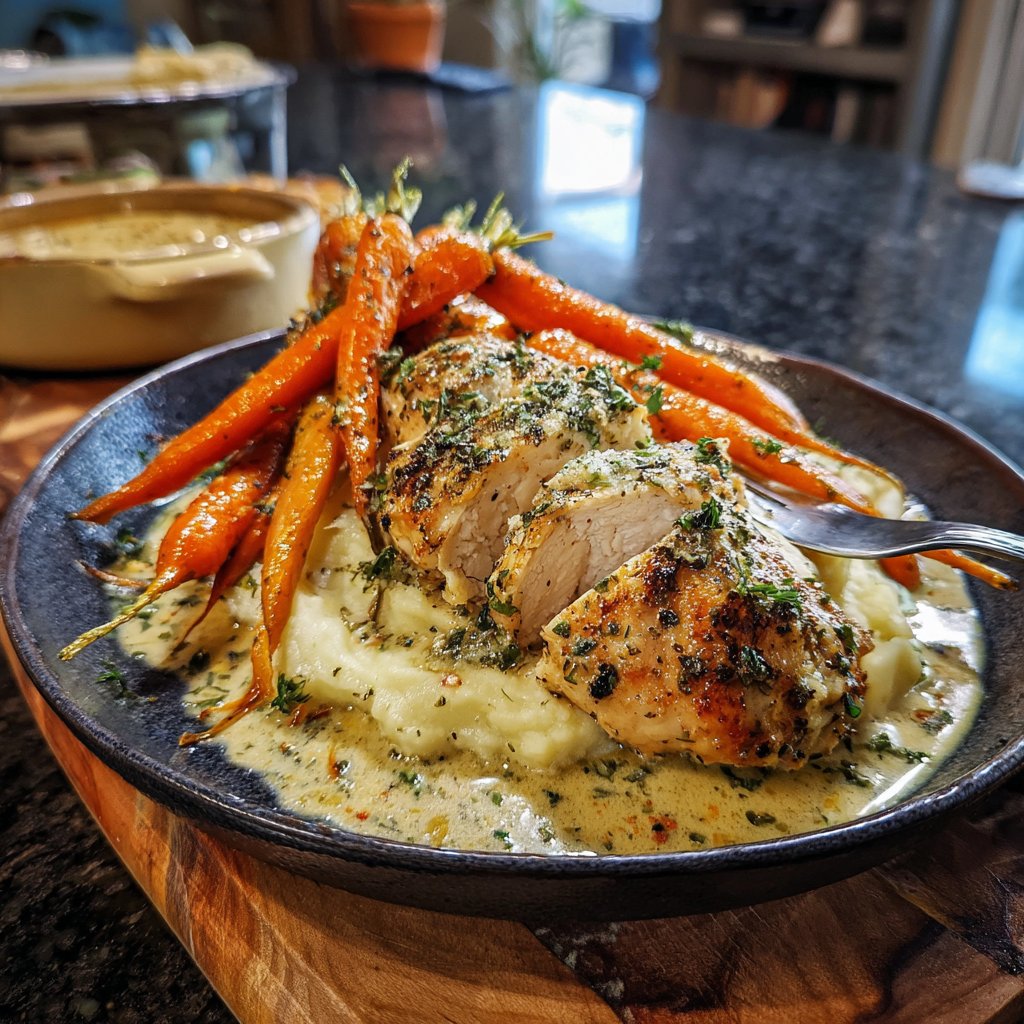 Cremiges Krähenhühnchen mit Kartoffelbrei und gerösteten Karotten