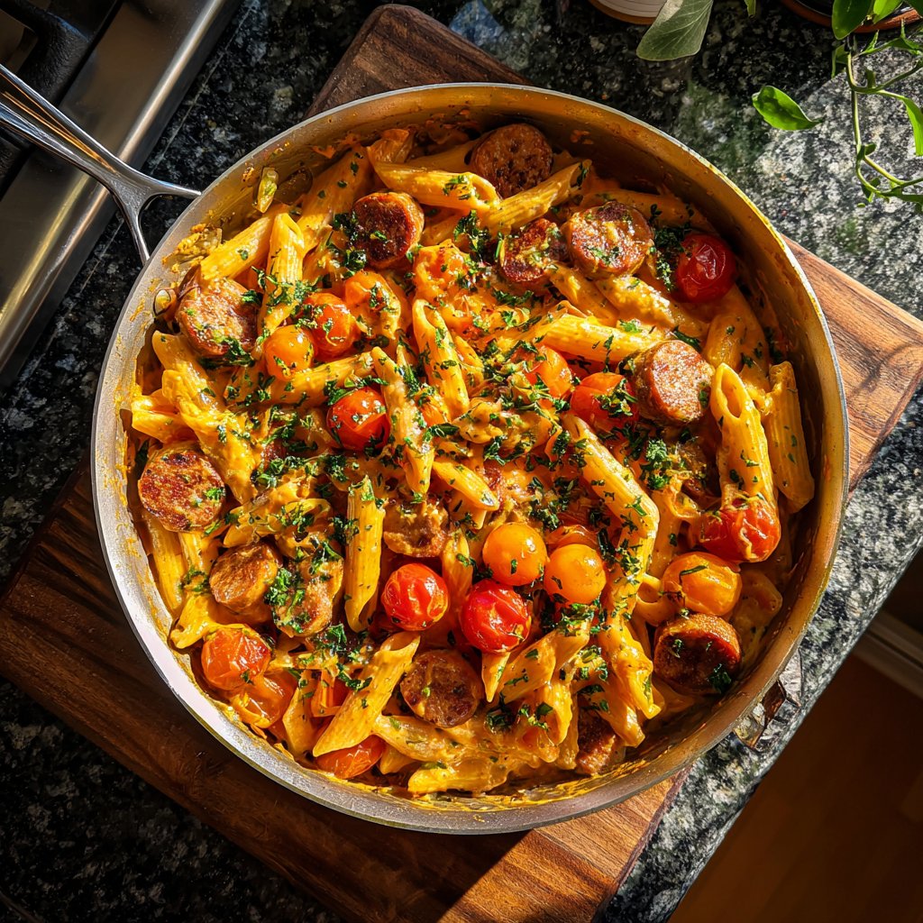 One Pot Cajun Sausage Pasta mit Tomaten-Creme-Sauce