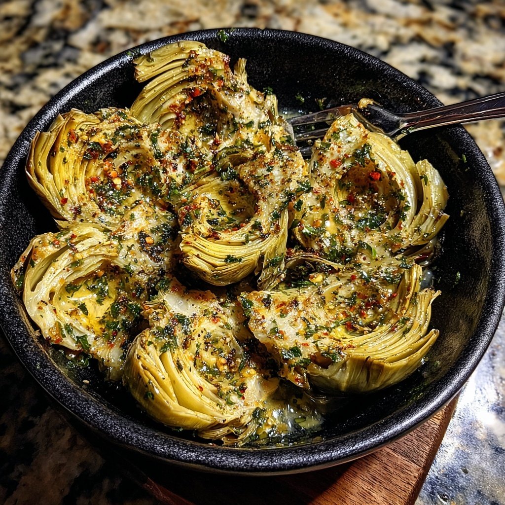 Knoblauch Geroestete Artischockenherzen