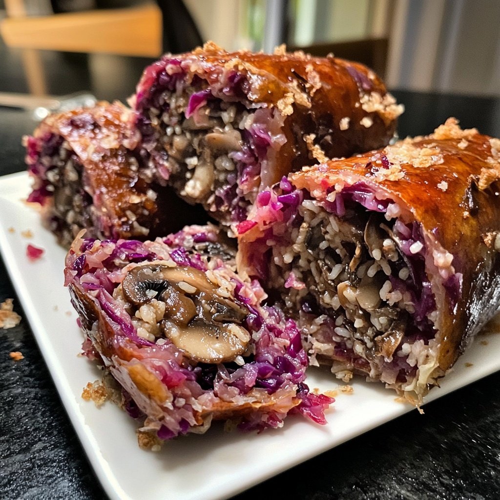 Rotkohl-Rouladen gefüllt mit Reis und Pilzen