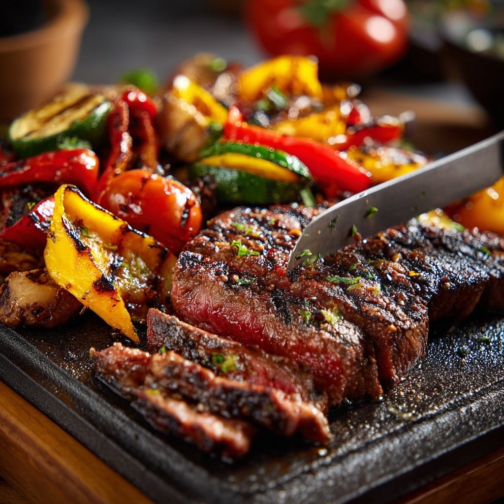 Steakplatte mit gegrilltem Gemüse