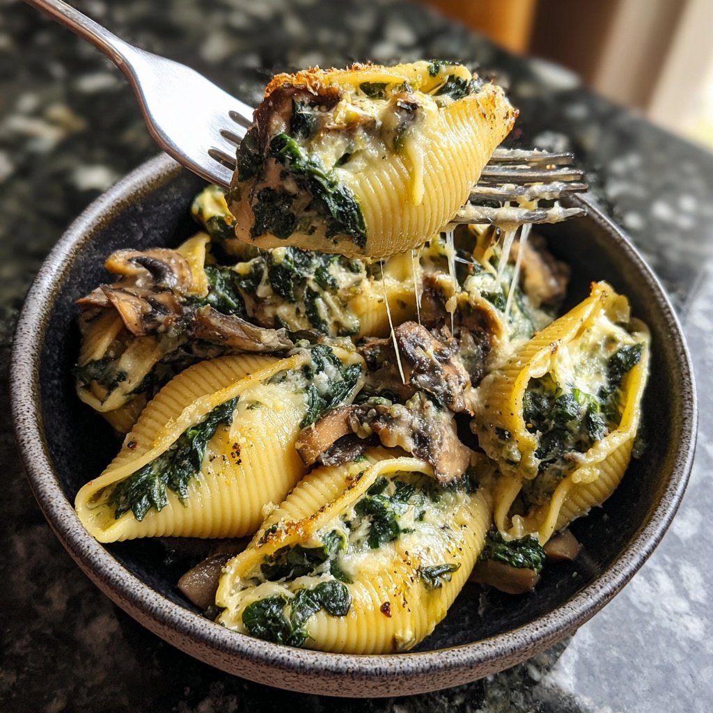 Gefüllte Muschelnudeln mit Spinat und Pilzen