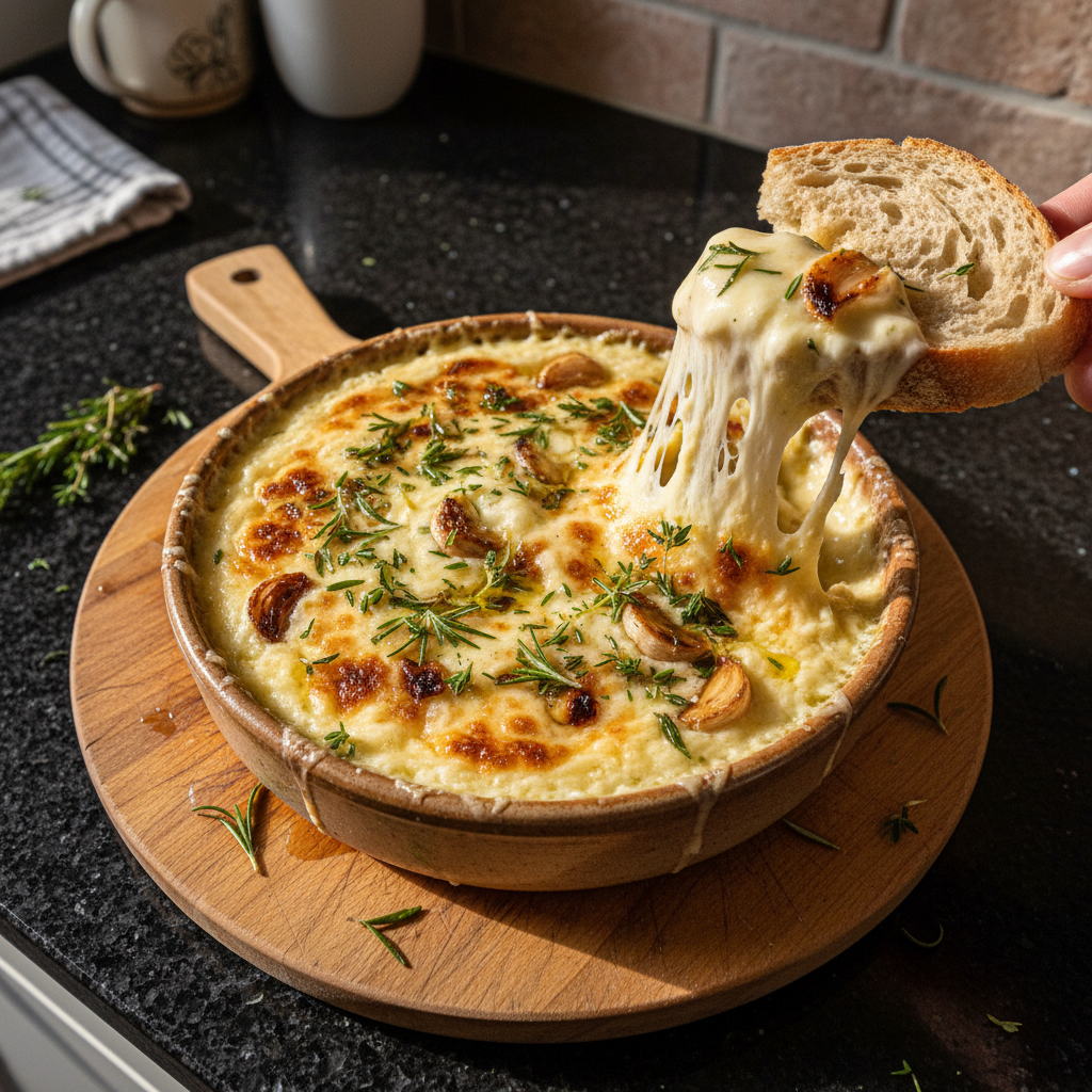 Geröstetes Knoblauch Ziegenkäse Fondue