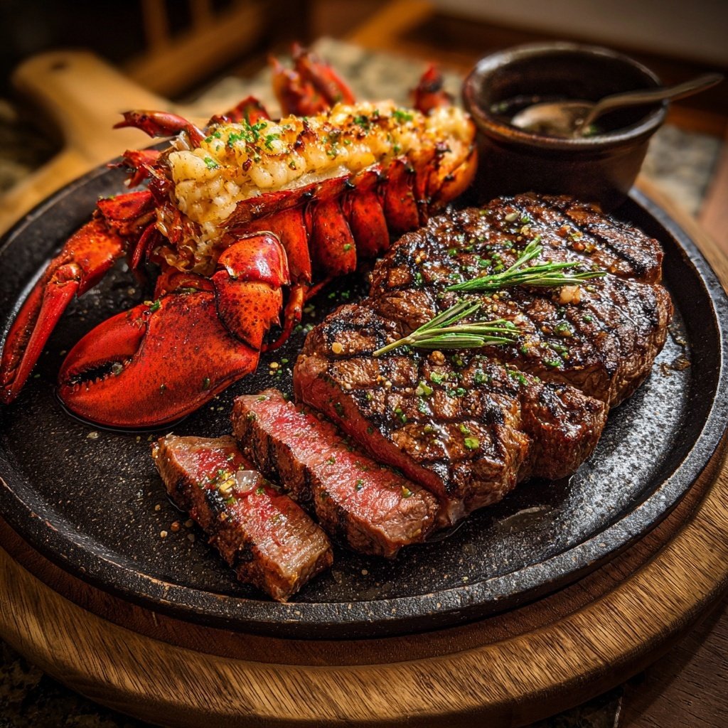 Gemischter Grillteller mit Steak und Hummer